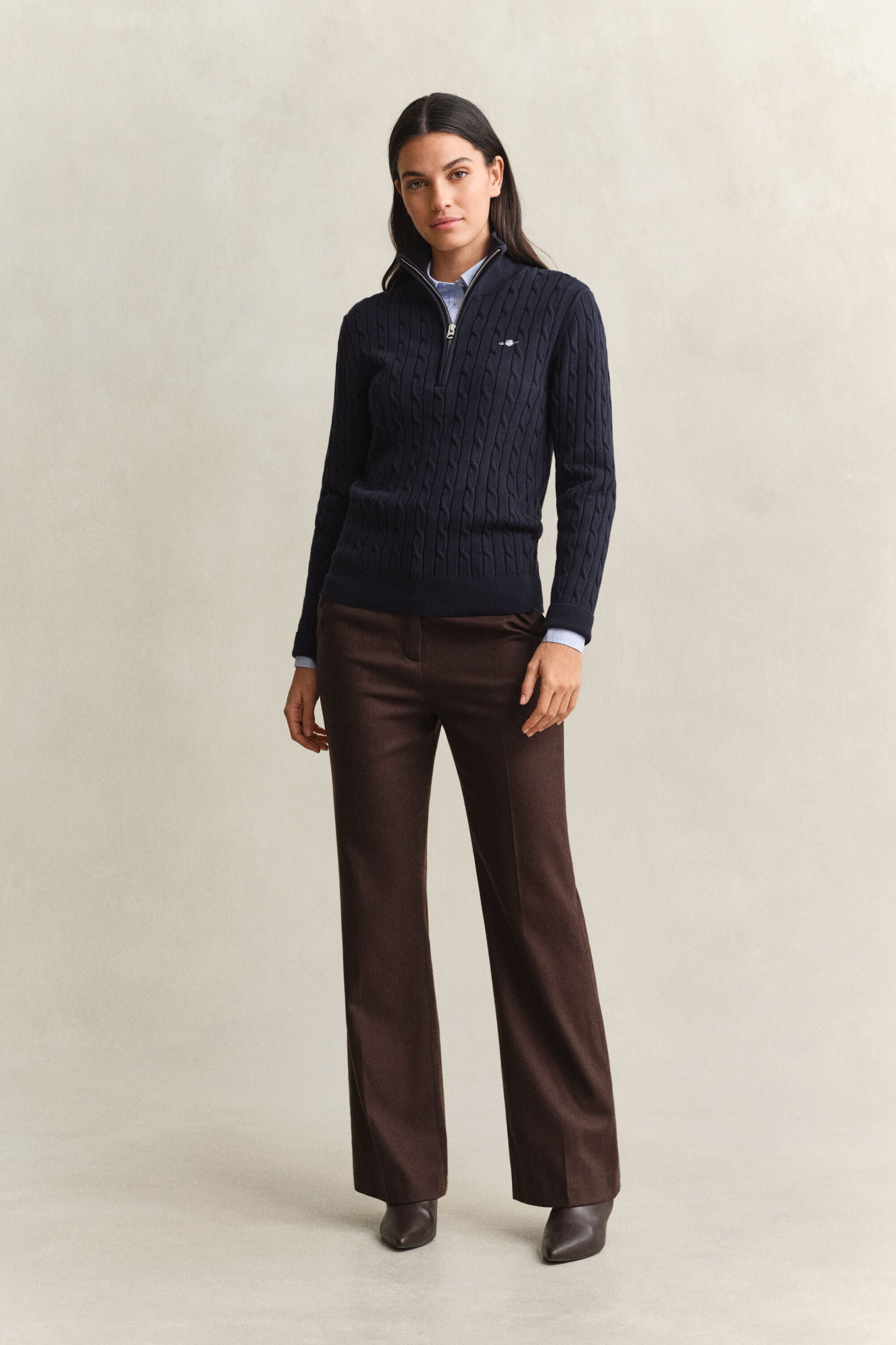 Stretchig kabelstickad tröja med half-zip