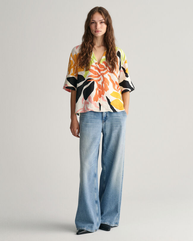 Relaxed fit palmm&ouml;nstrad kort&auml;rmad linneskjorta