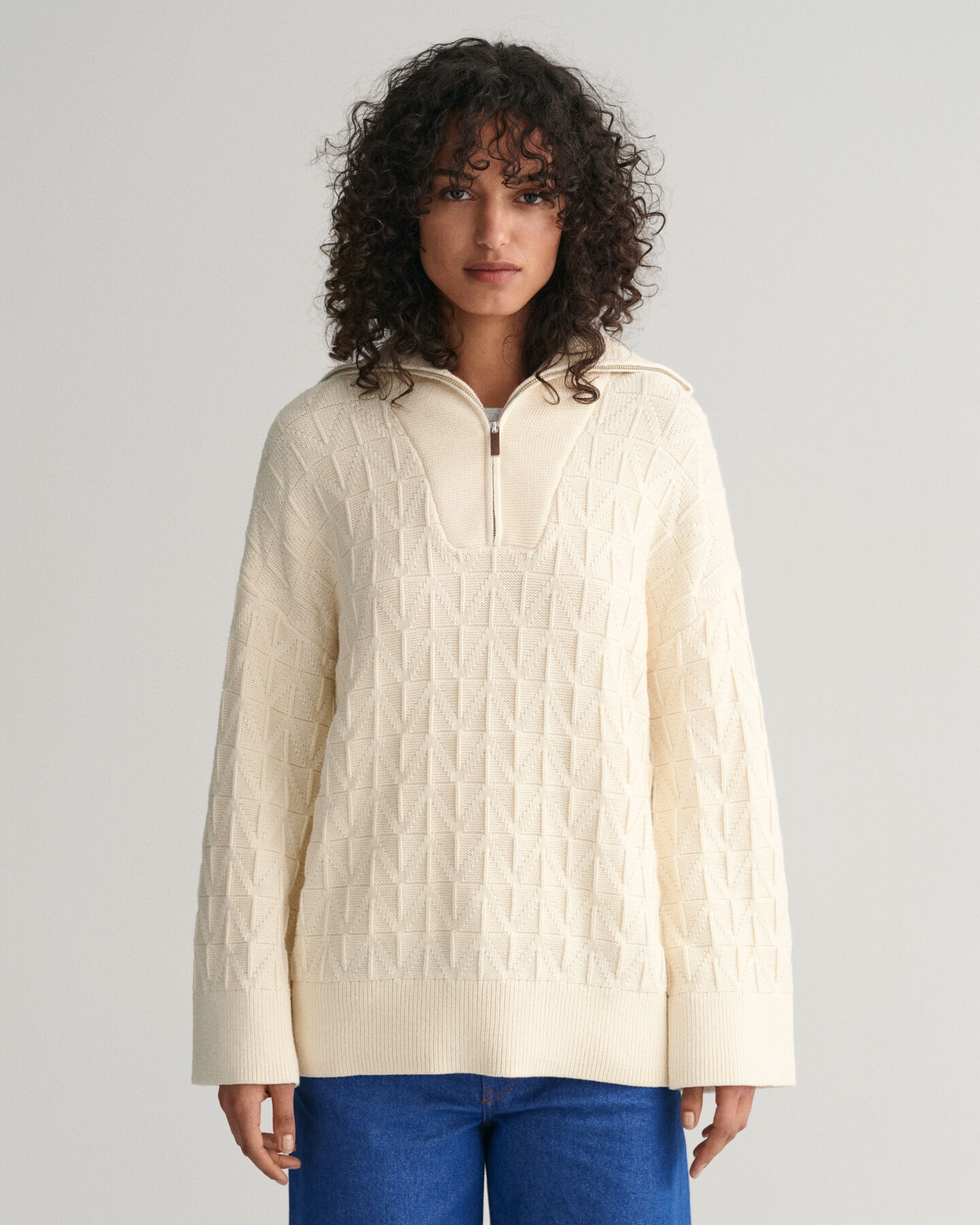 Fiskbensmönstrad half-zip tröja