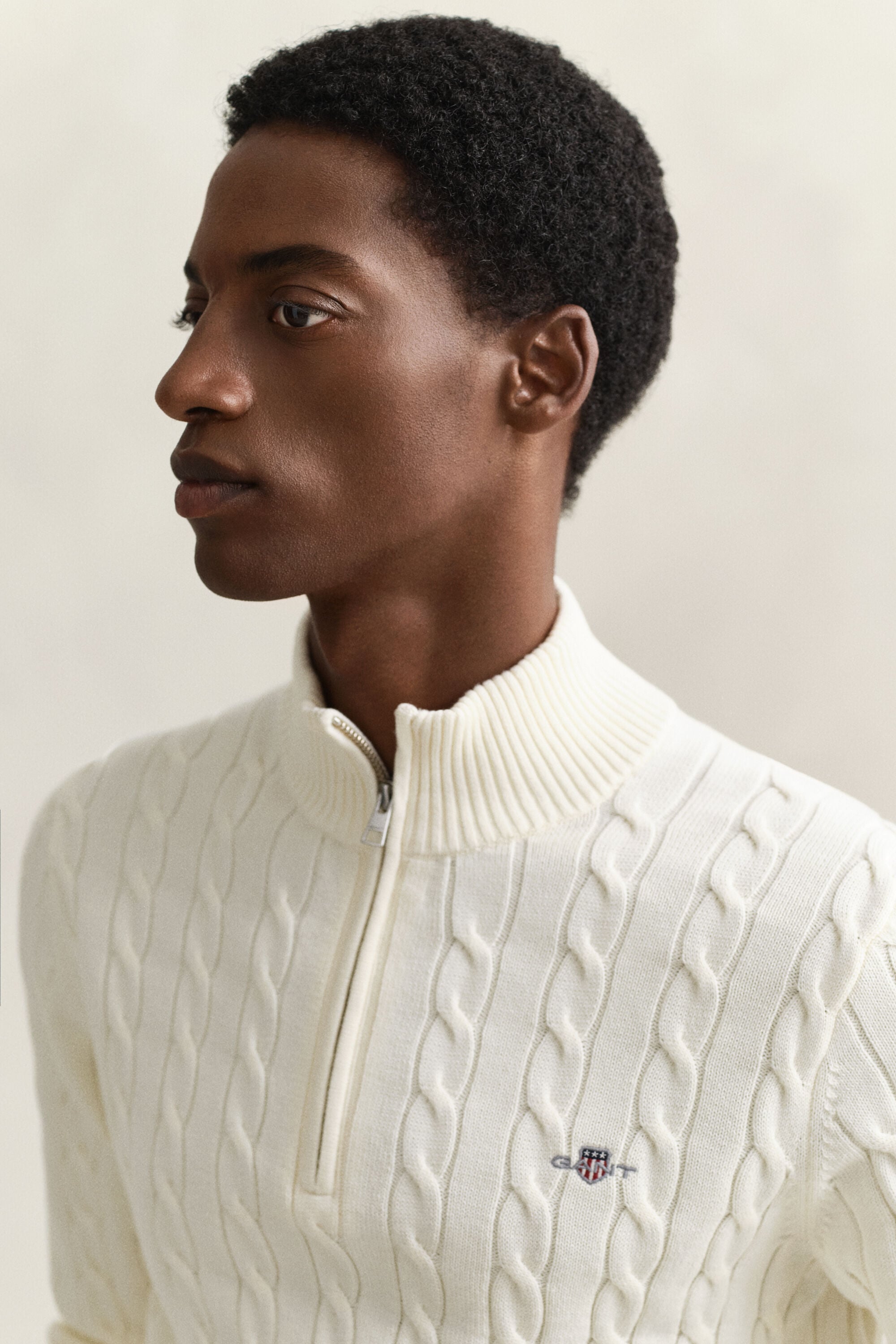 Kabelstickad bomullströja med half-zip