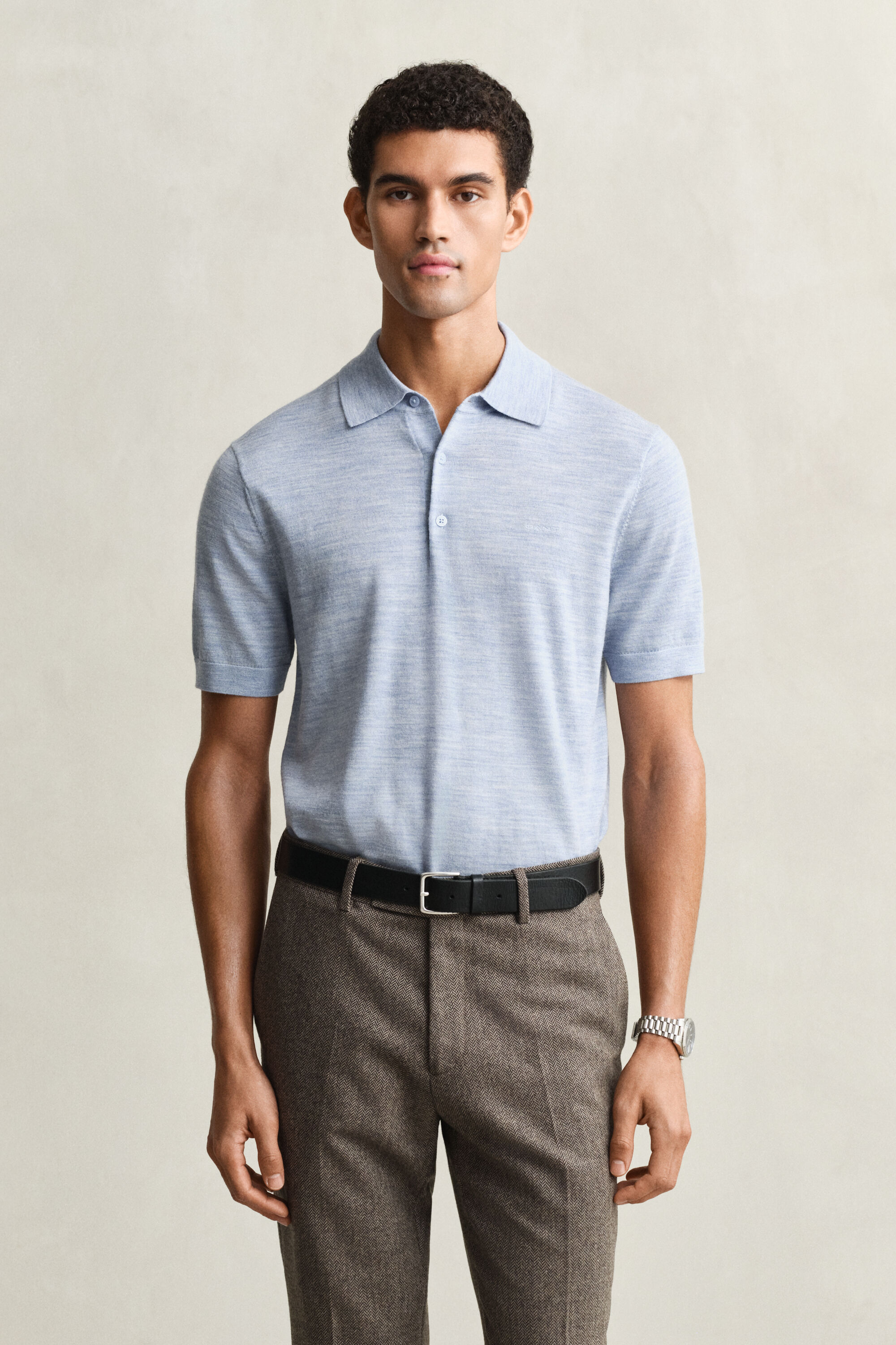 Kortärmad pikétröja i extra fin merinoull