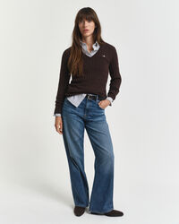 V-ringad kabelstickad tröja i bomullsstretch