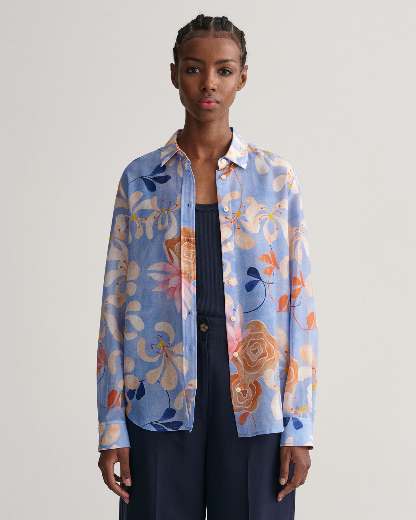 Regular fit blommig blus i bomull och silke