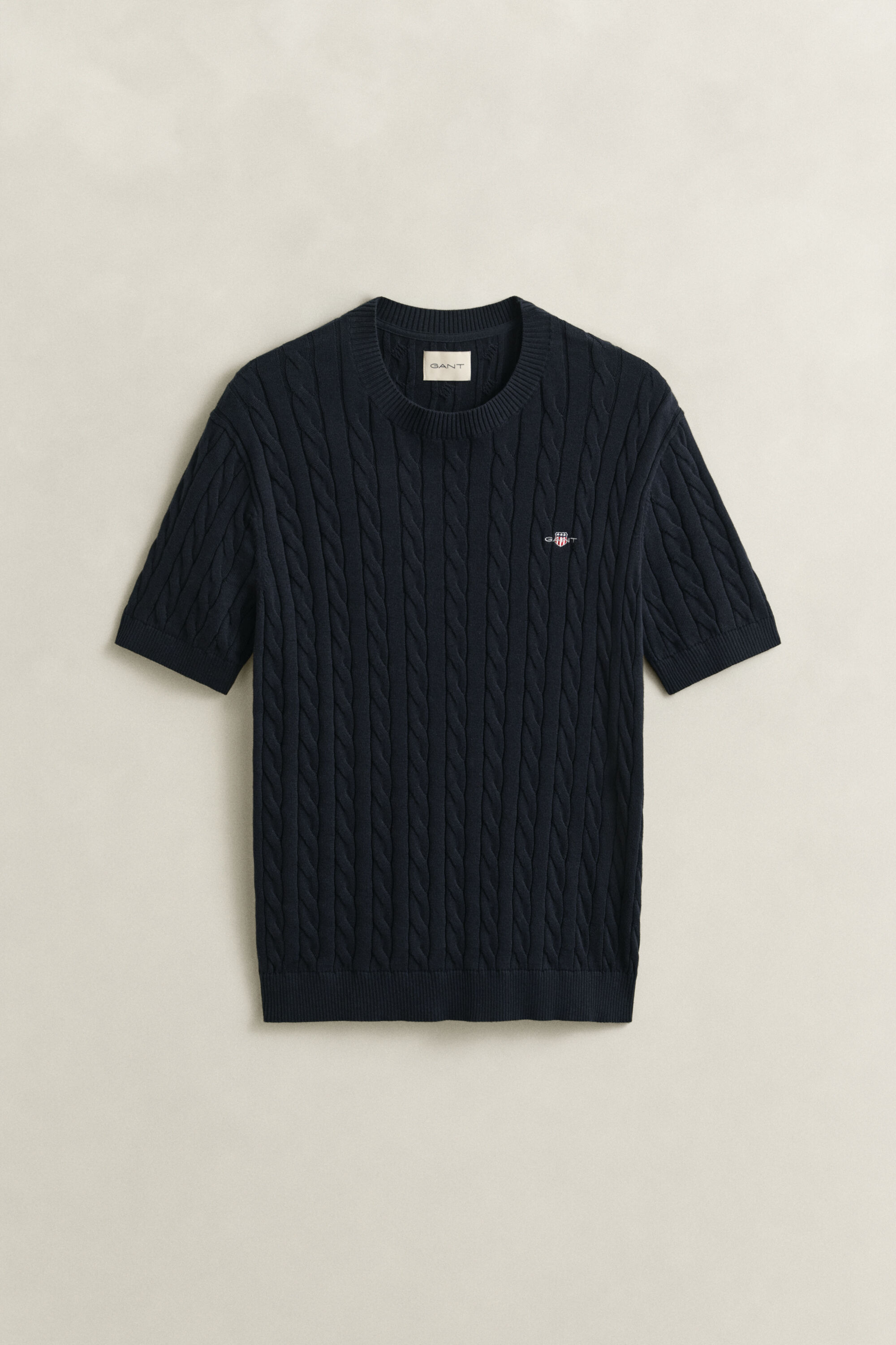 Kortärmad kabelstickad bomullströja