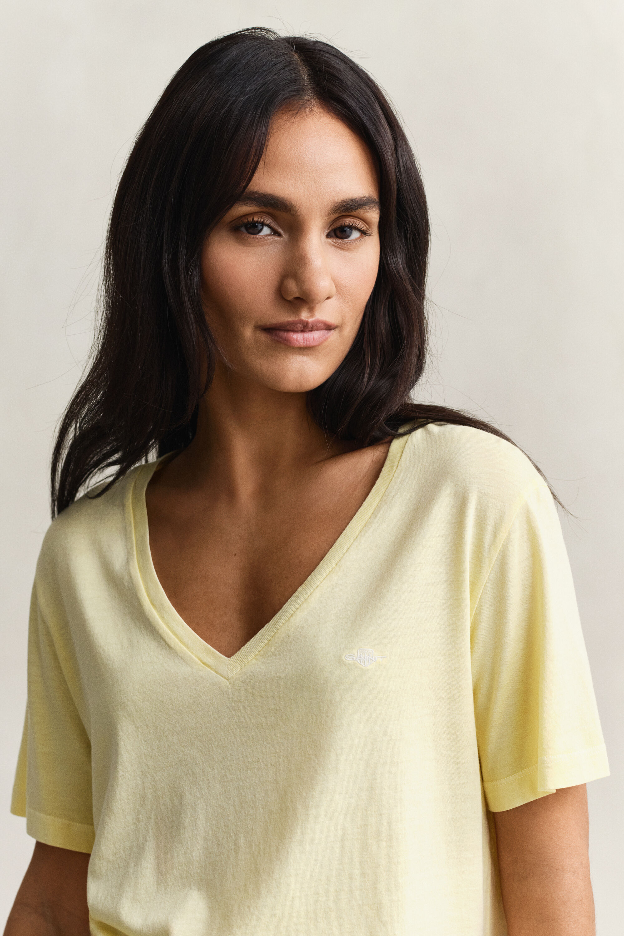 V-ringad tvättad T-shirt med sköldlogo