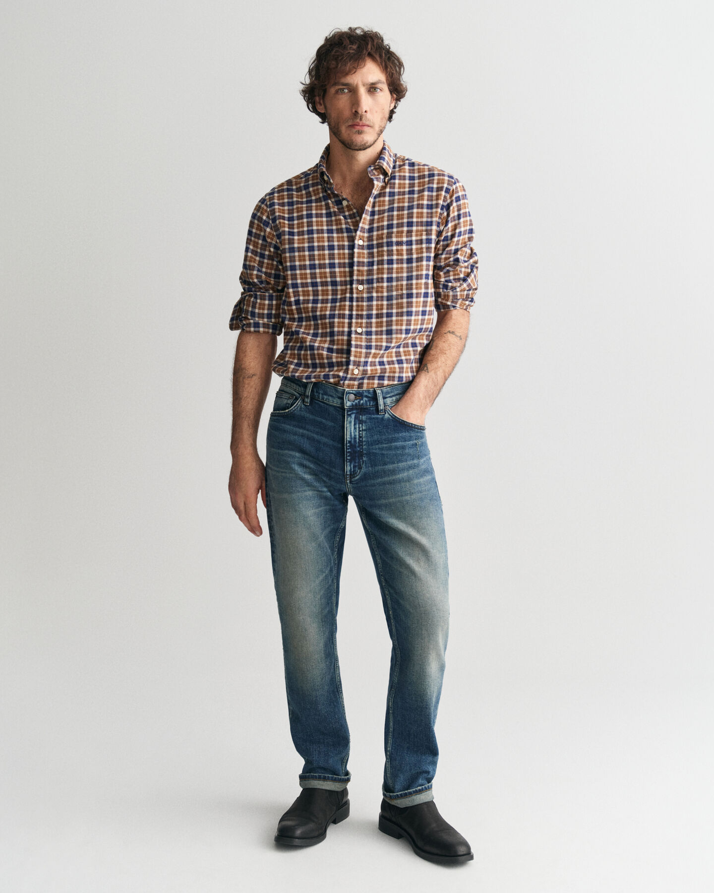 Regular fit rutig tunn twillskjorta