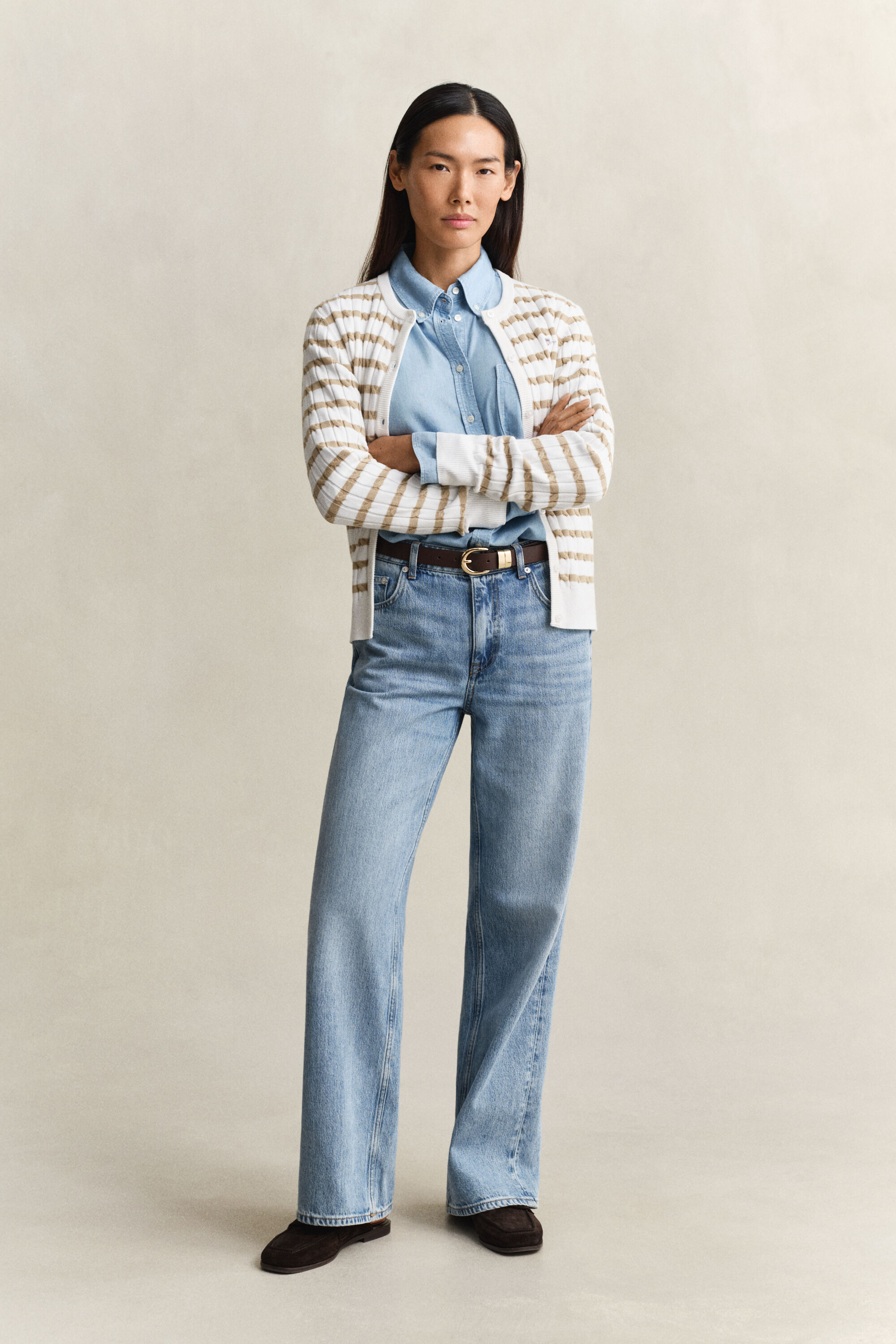 Randig kabelstickad kofta