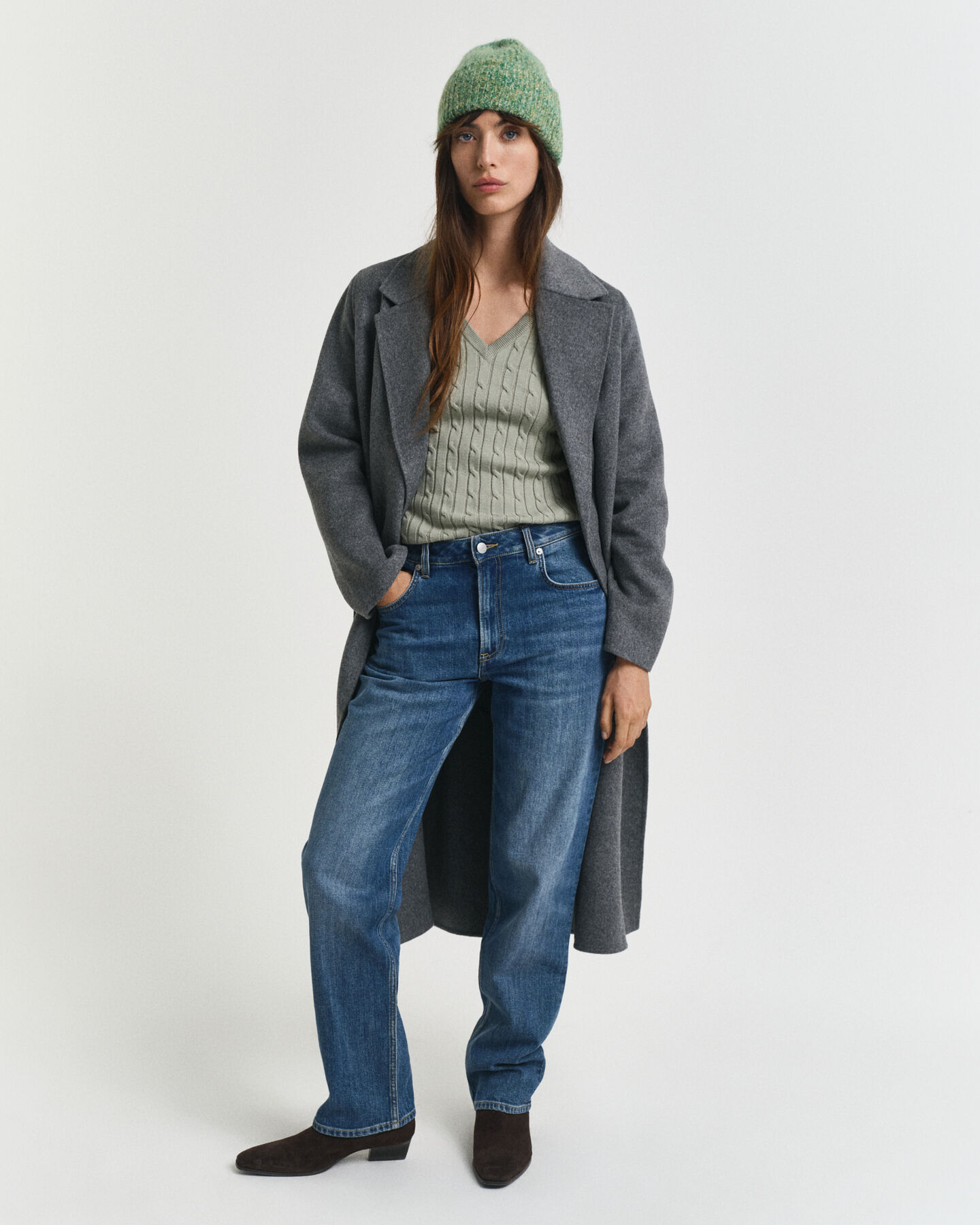 V-ringad kabelstickad tröja i bomullsstretch