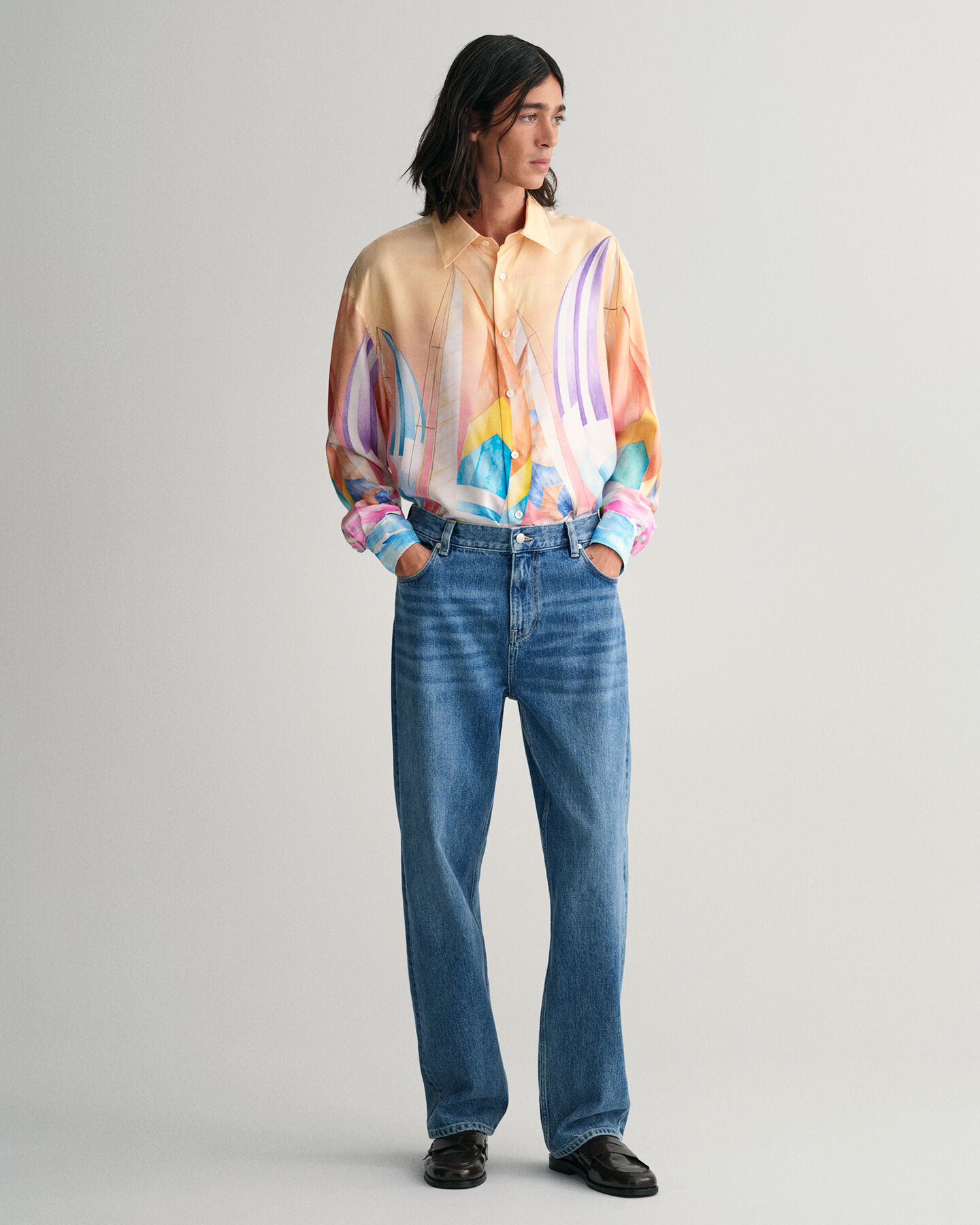 Oversized seglarmönstrad sidenskjorta