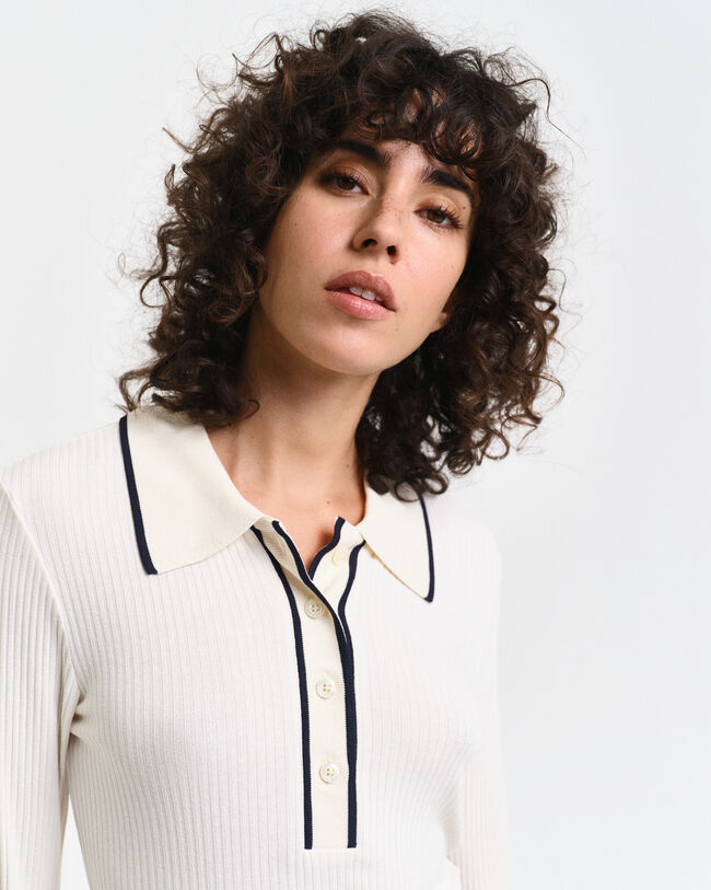 Långärmad ribbstickad pikétröja